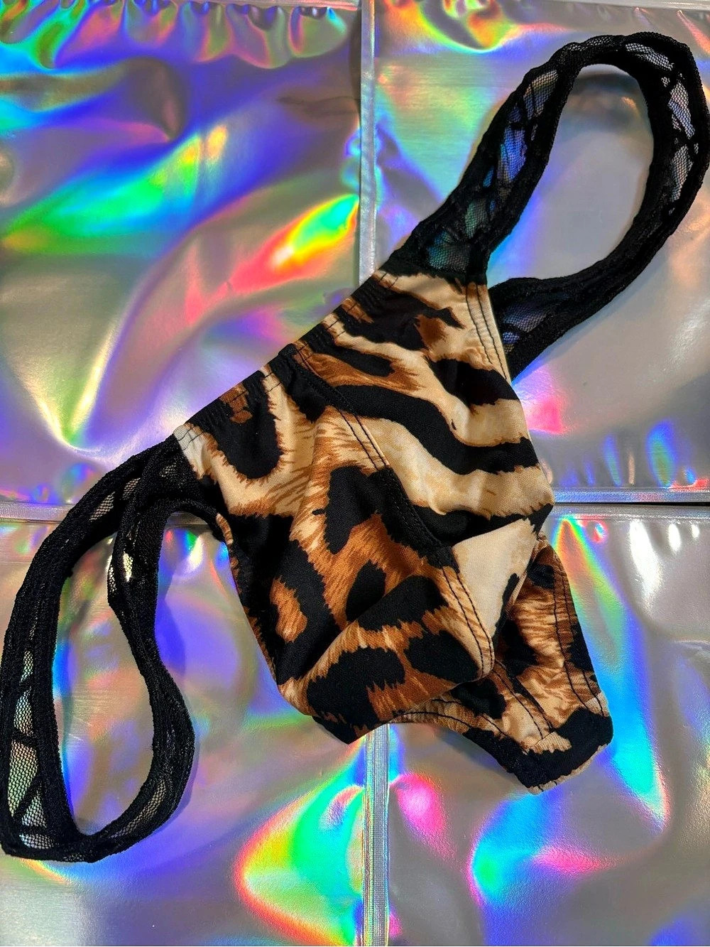 Sexy men’s Leopard print thong with black mesh and lace detailing | XL